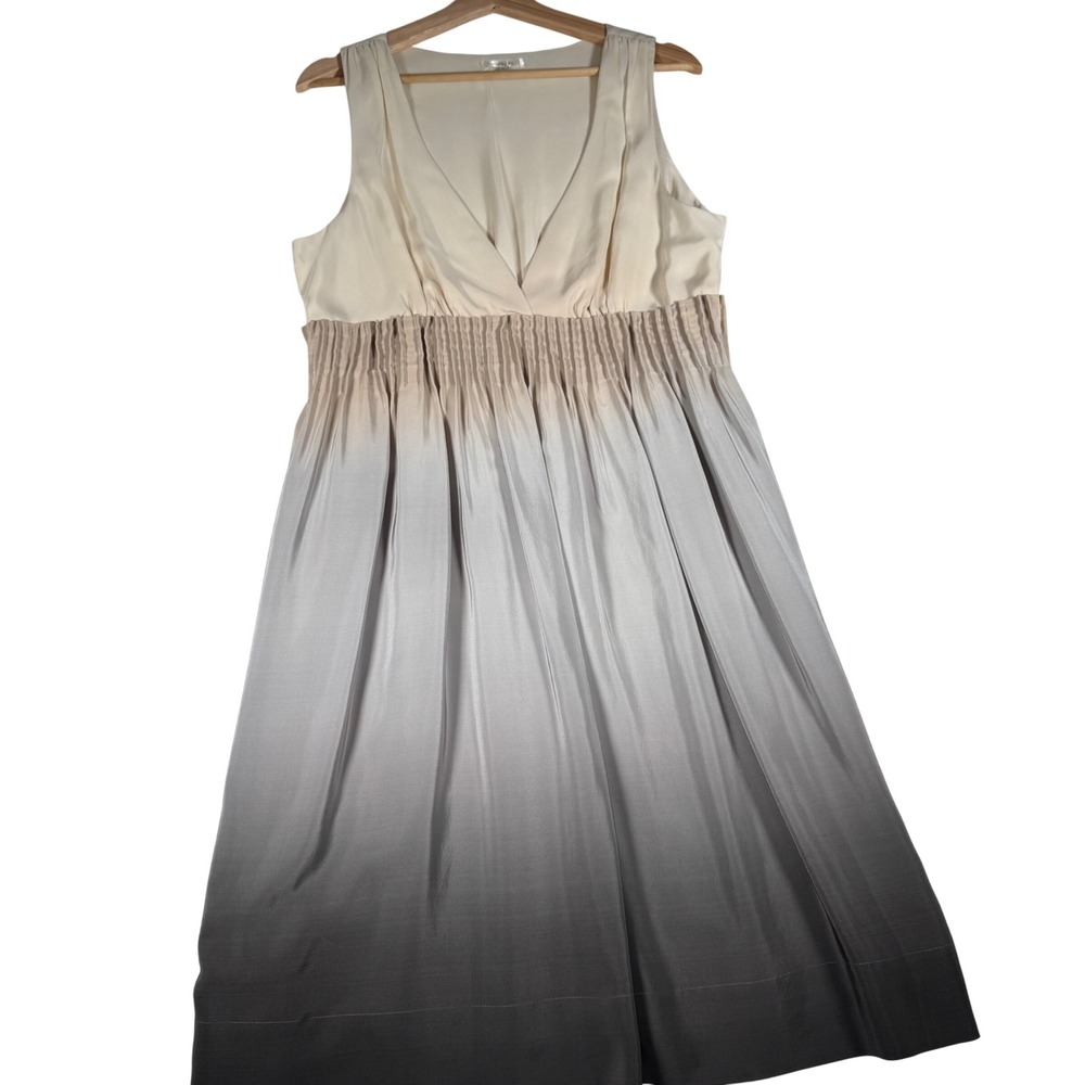 Matty M 100% Silk Ombre Gradient Empire Waist V-Neck Midi Dress Cream Grey Large